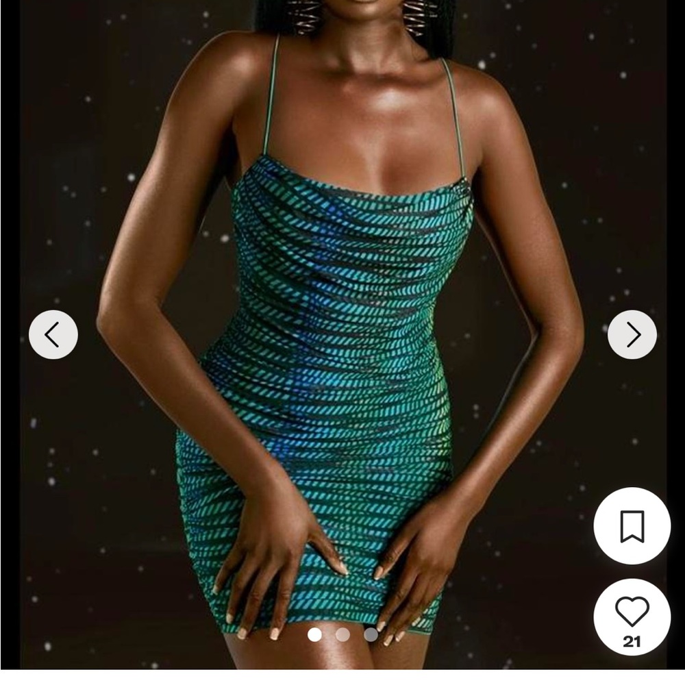 Oh Polly Lunar Green Blue Striped Print Cowl Ruched Bodycon Mini Dress